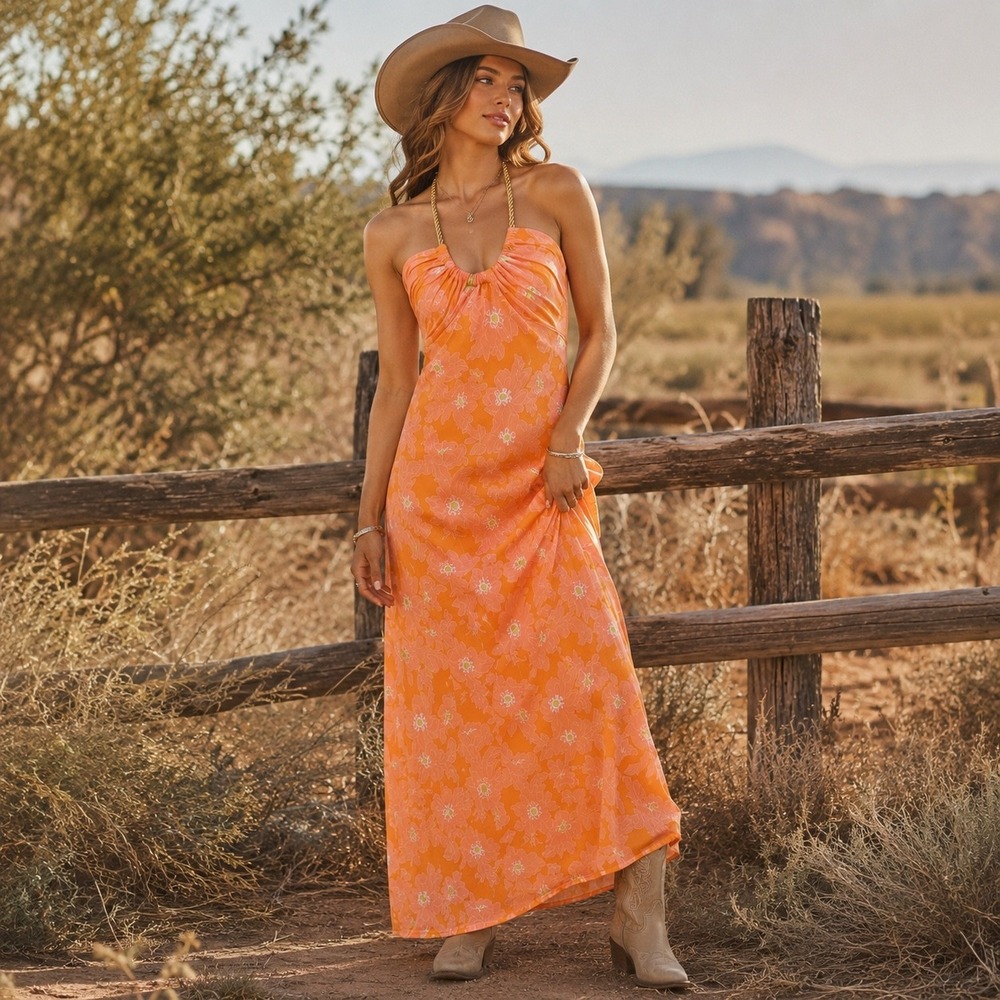 Alexia Admor Selena Maxi Dress Orange Halter Neck Gold Rope Tie Vacation Resort